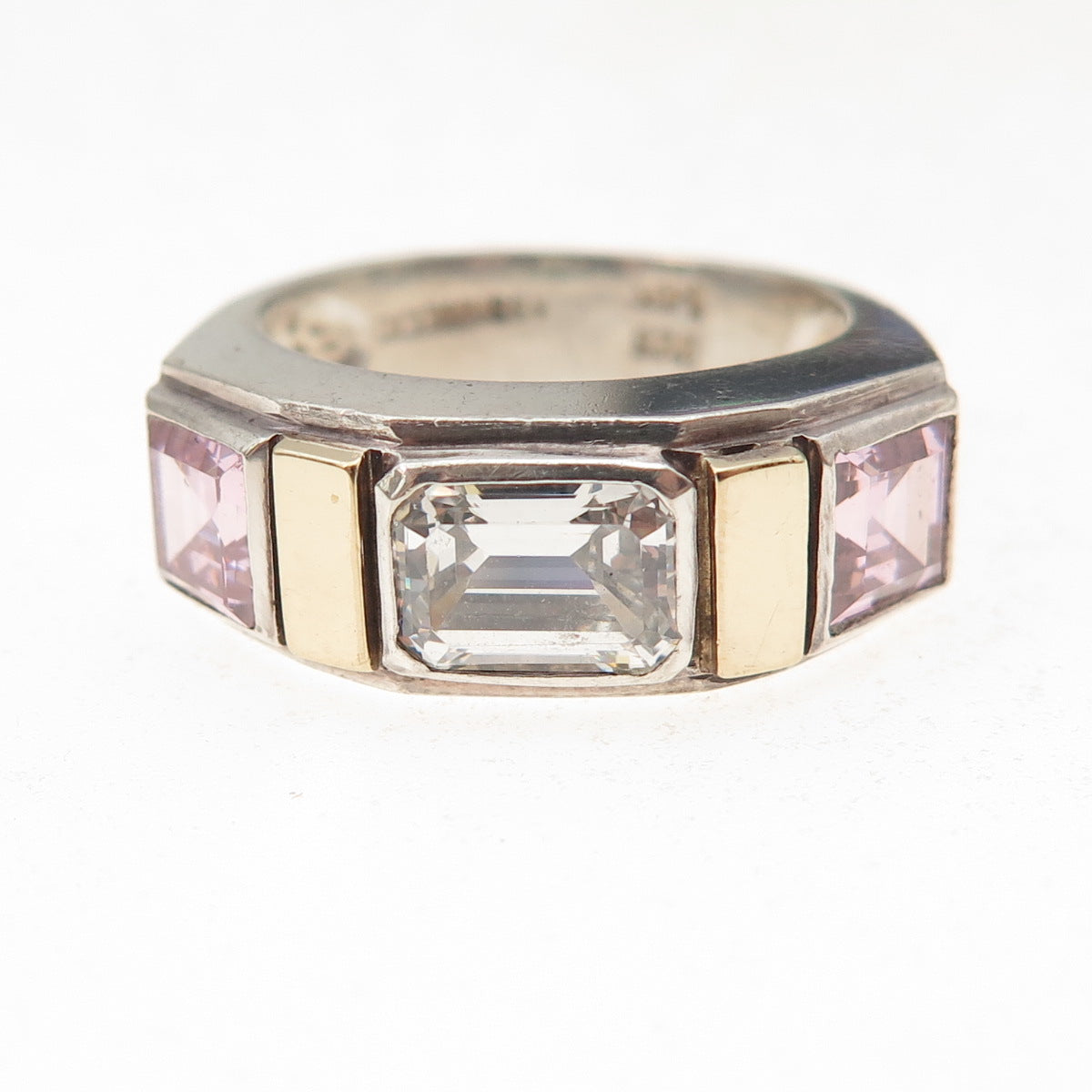 Classique 925 Sterling Silver 14K Gold Vintage White & Pink C Z Ring Size 6.25