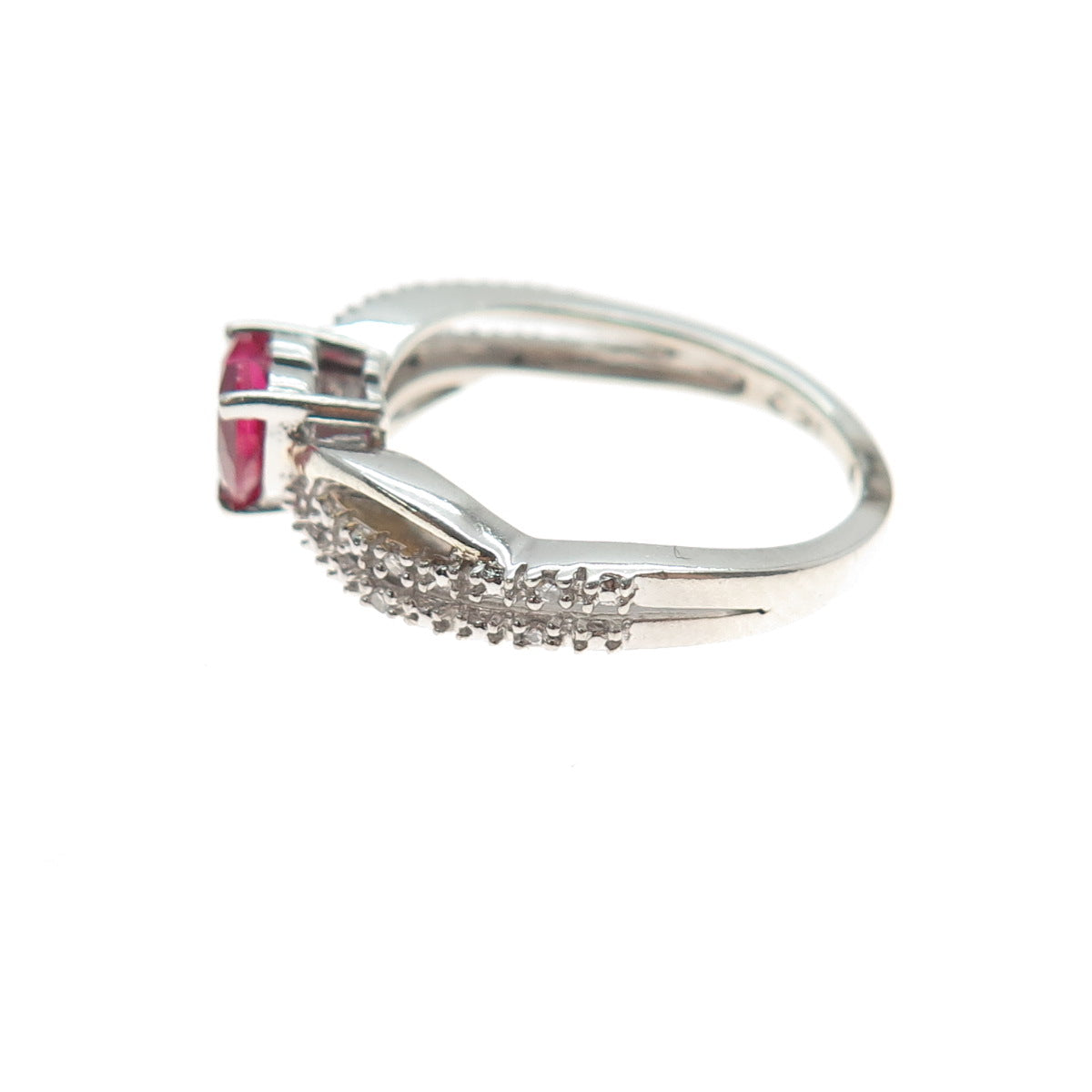 SAI 925 Sterling Silver Real Diamond & Lab-Created Ruby Heart Ring Size 6.75