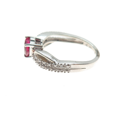 SAI 925 Sterling Silver Real Diamond & Lab-Created Ruby Heart Ring Size 6.75