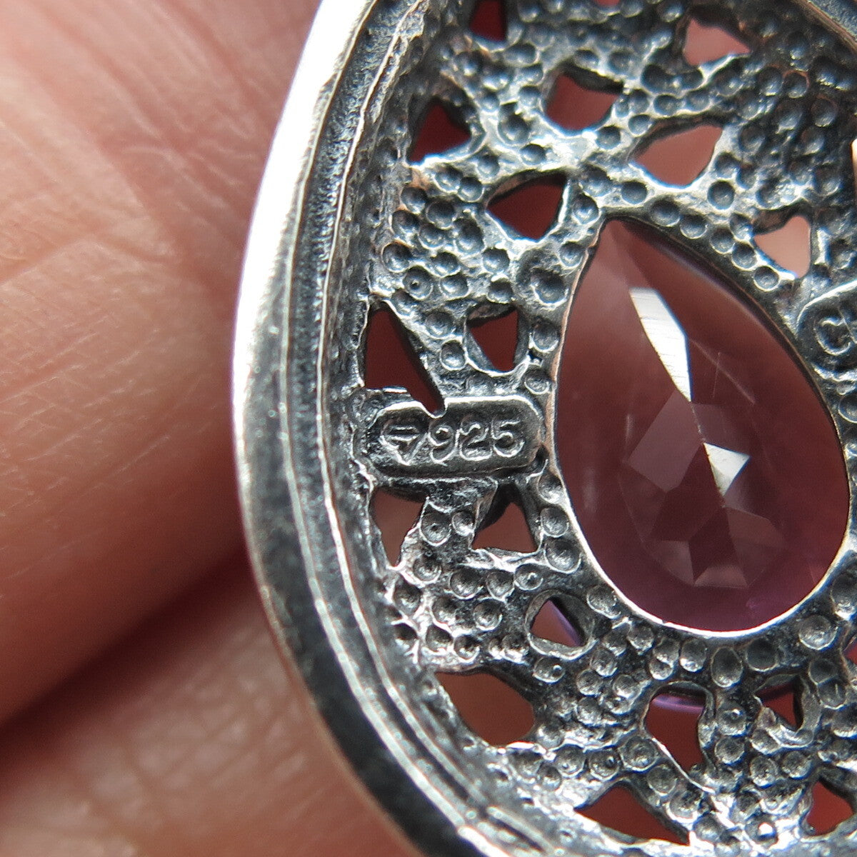 925 Sterling Silver Vintage Real Pear-Cut Amethyst Ornate Drop Pendant