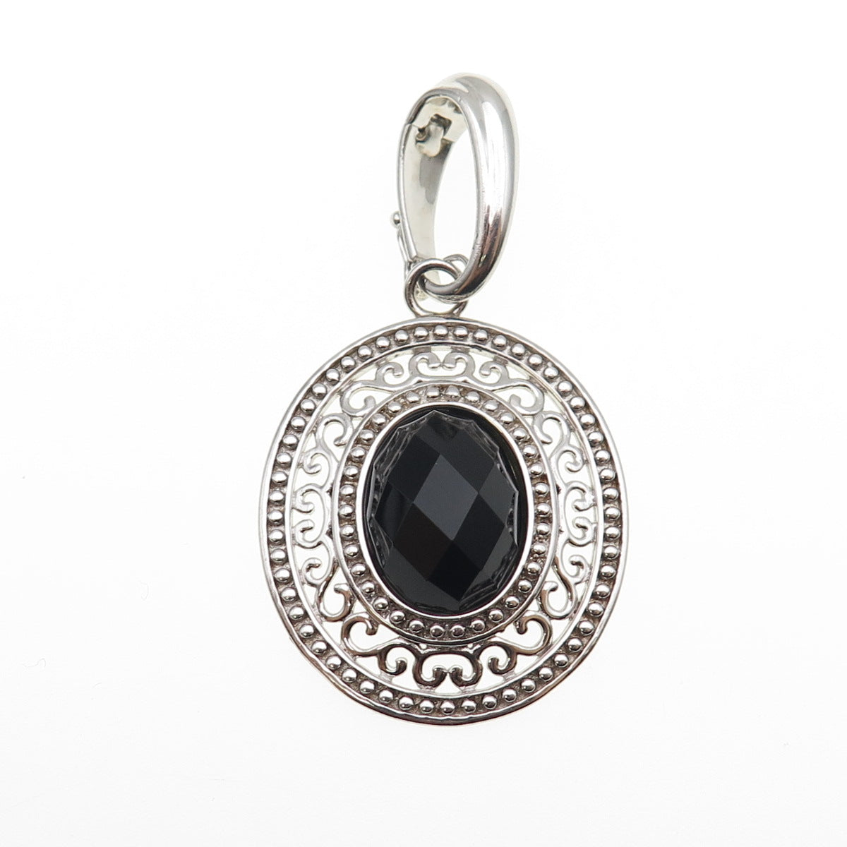 925 Sterling Silver Vintage Real Black Onyx Beaded Ornate Pendant