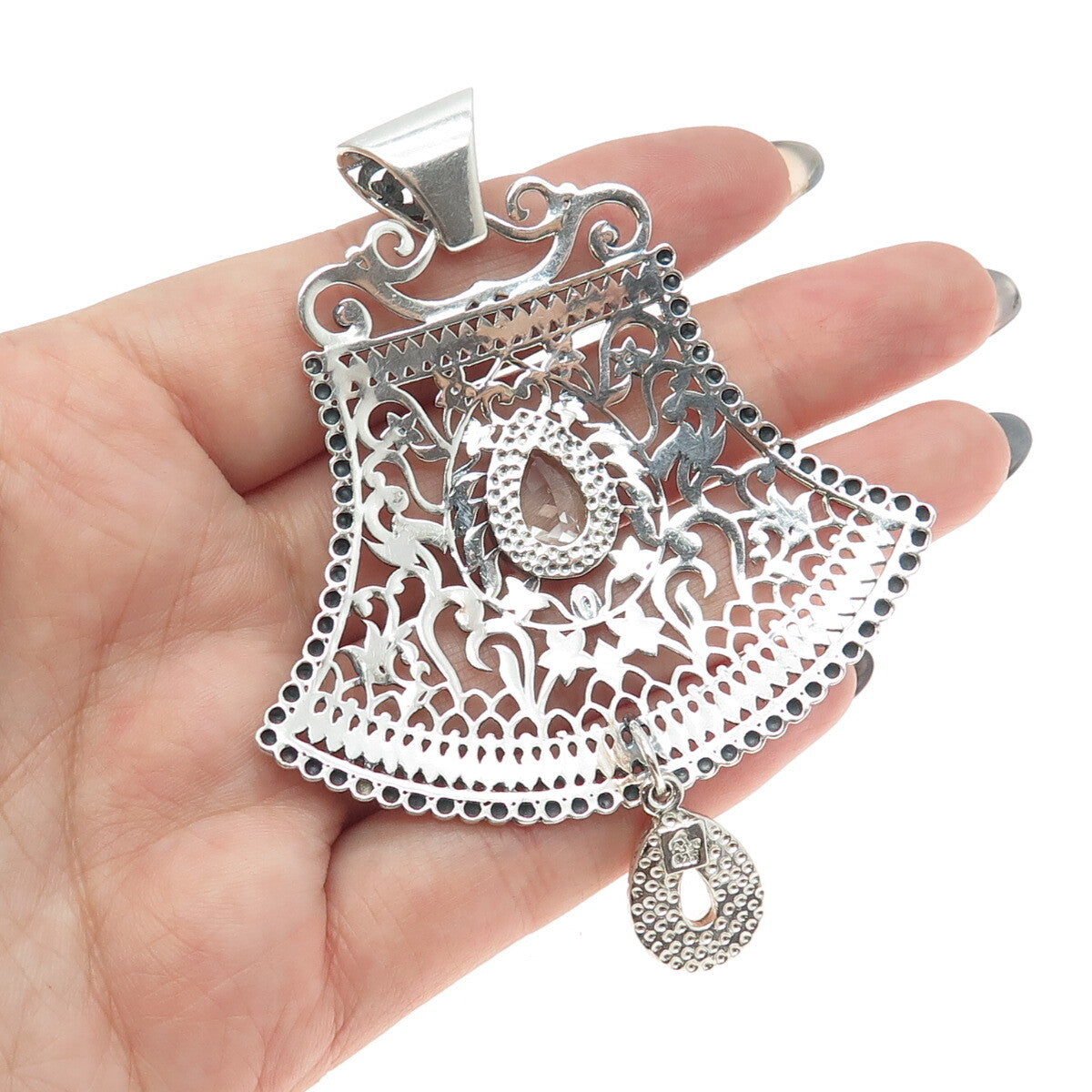 ARYA 925 Sterling Silver Vintage Pear-Cut C Z Floral Bell Modernist Pendant