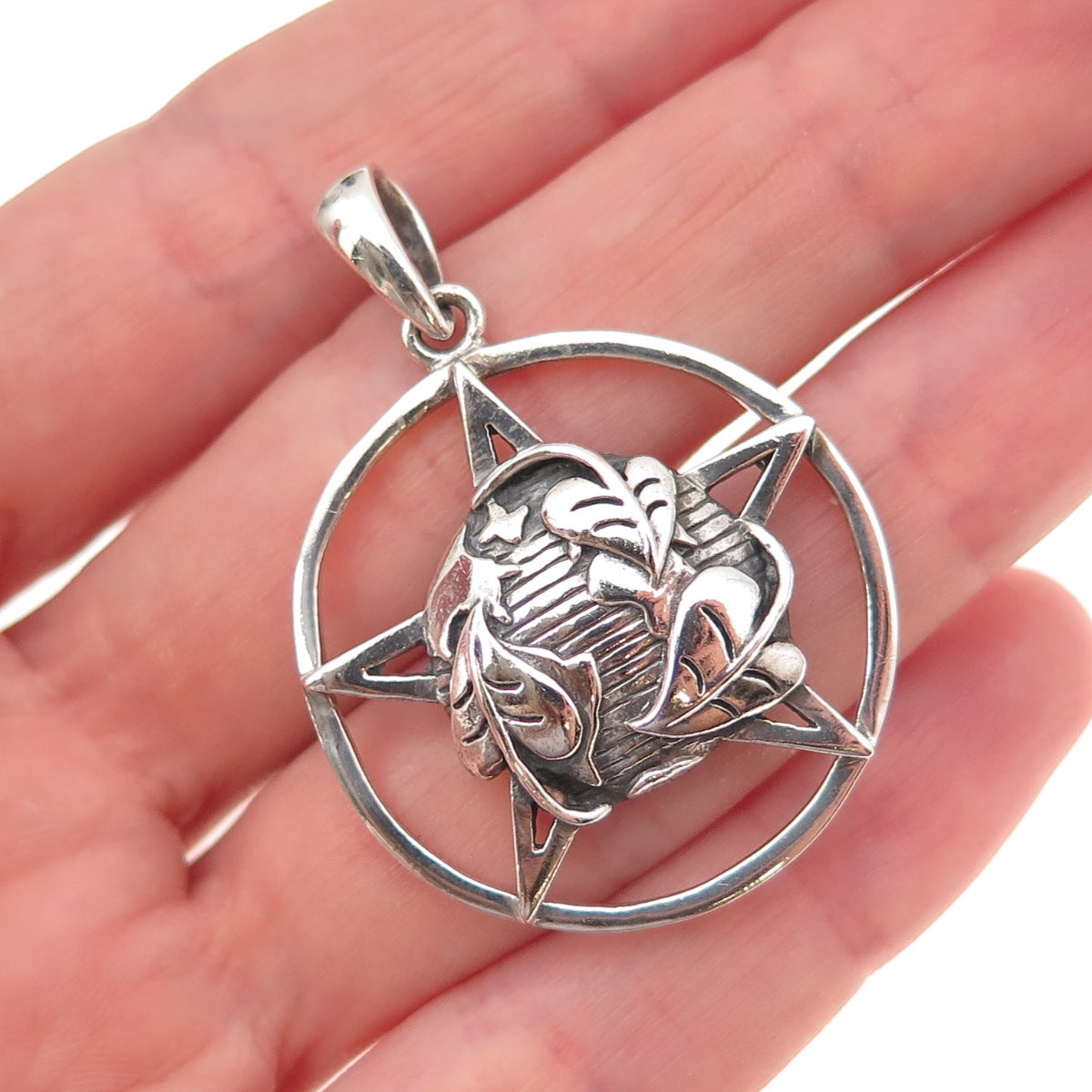 925 Sterling Silver Vintage Pentagram Floral Globe Oxidized Pendant