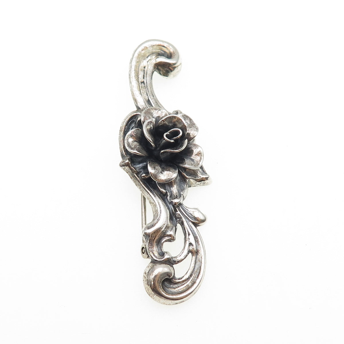 JEWELART 925 Sterling Silver Vintage Rose Flower Oxidized Pin Brooch