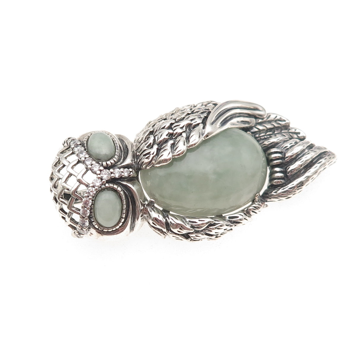 925 Sterling Silver Vintage Real Jade & C Z Owl Bird Oxidized Slide Pendant