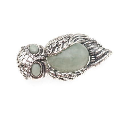 925 Sterling Silver Vintage Real Jade & C Z Owl Bird Oxidized Slide Pendant