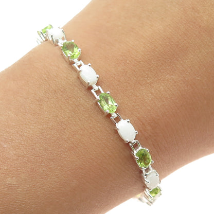 925 Sterling Silver Real Opal & Peridot Tennis Link Bracelet 7.25"