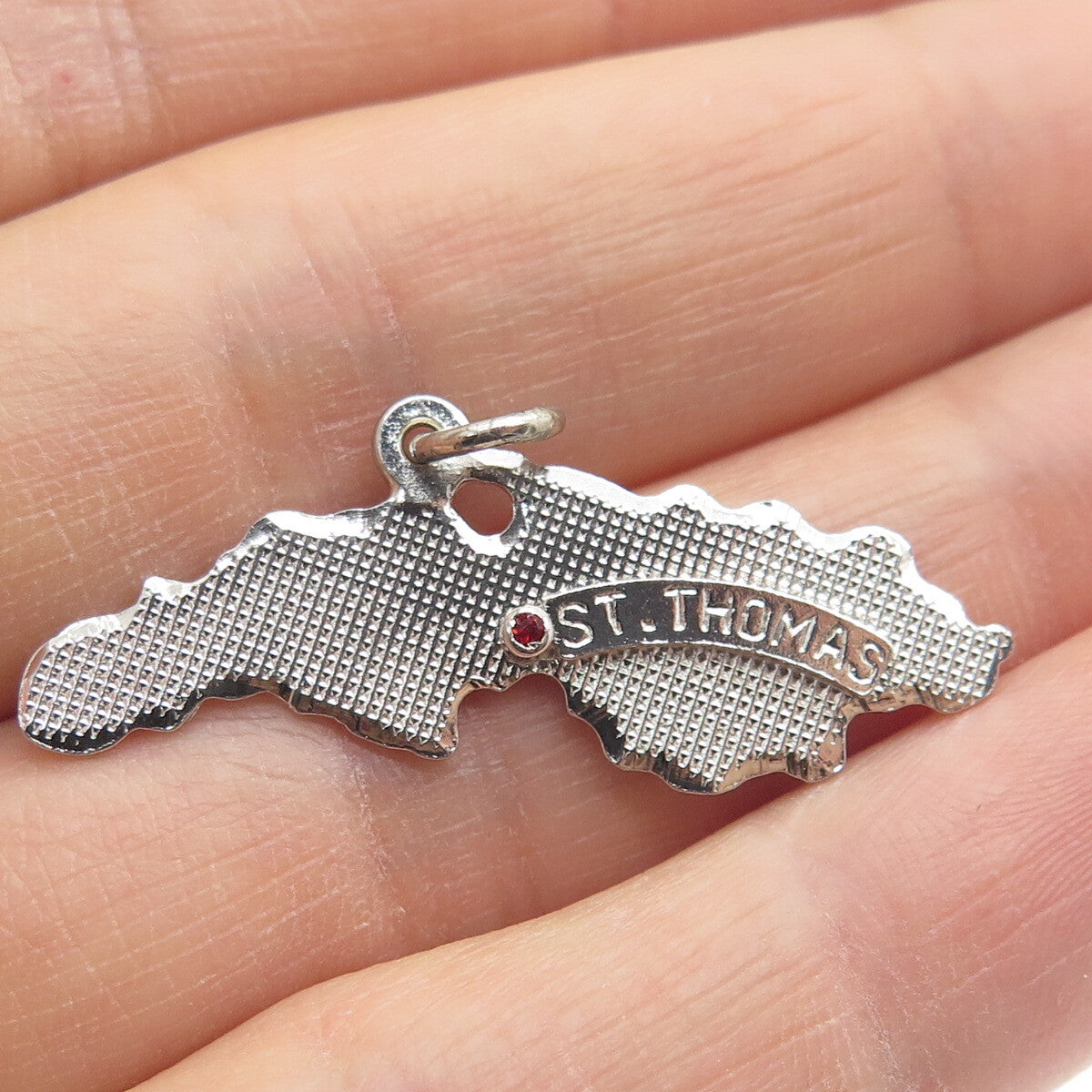 925 Sterling Silver Vintage Rhinestone St. Thomas Island Map Charm Pendant