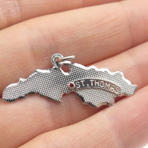 925 Sterling Silver Vintage Rhinestone St. Thomas Island Map Charm Pendant
