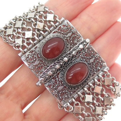 925 Sterling Silver Antique Real Carnelian Filigree Mesh Link Bracelet 6.75"