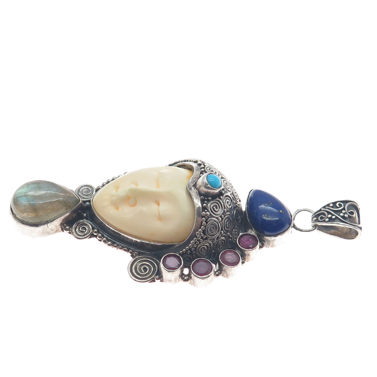 925 Sterling Silver Vintage Ruby Lapis Turquoise Labradorite Goddess Pendant