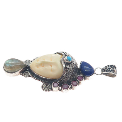 925 Sterling Silver Vintage Ruby Lapis Turquoise Labradorite Goddess Pendant