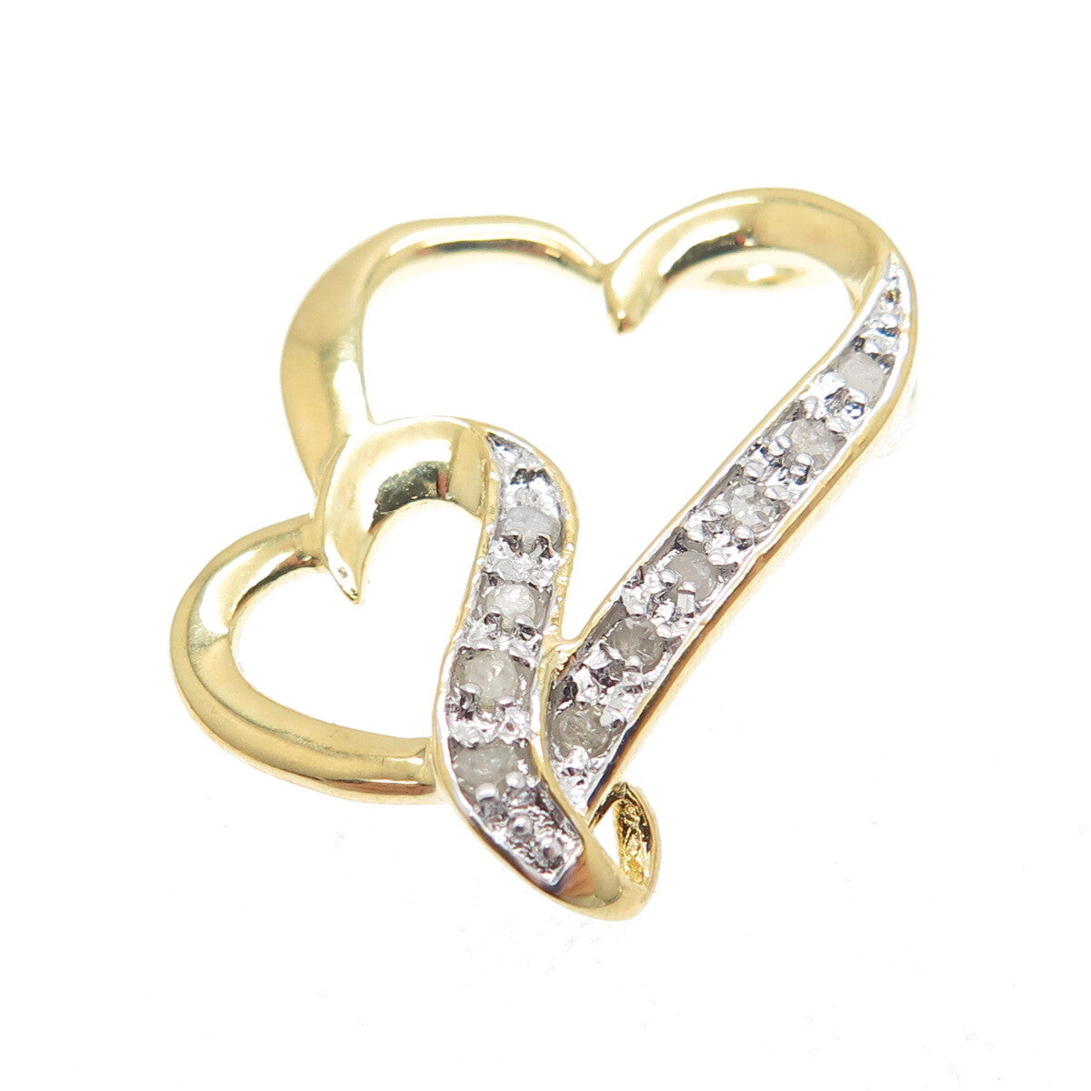 925 Sterling Silver Gold Plated Real Round-Cut Diamond Two Hearts Mini Pendant