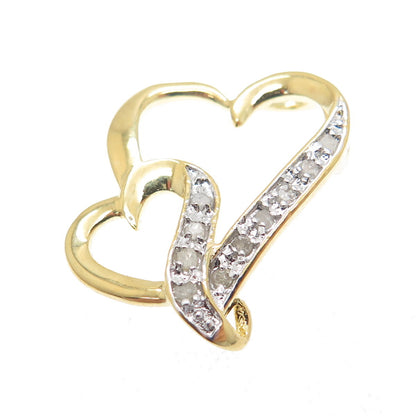 925 Sterling Silver Gold Plated Real Round-Cut Diamond Two Hearts Mini Pendant