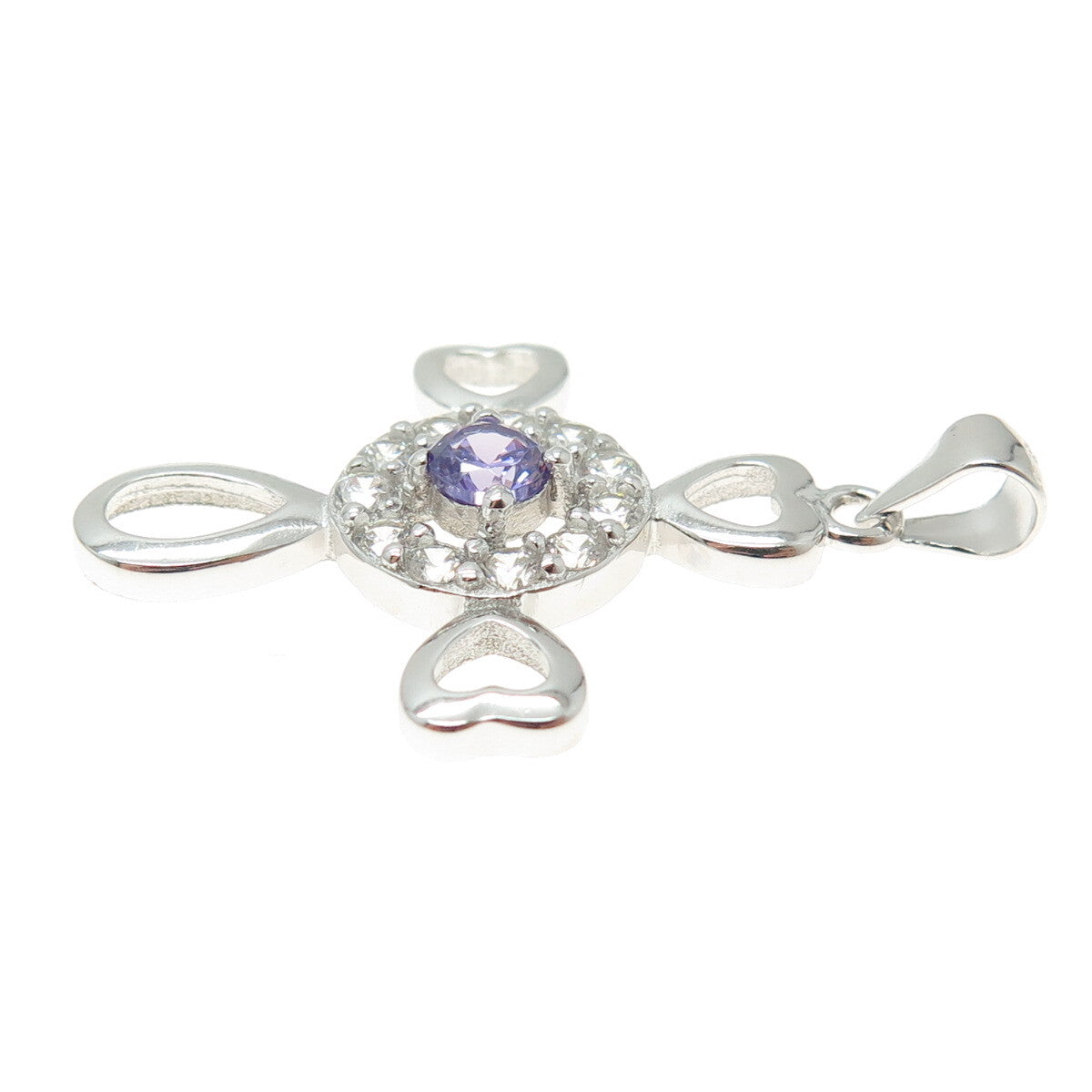 925 Sterling Silver Round-Cut Purple & White C Z Heart Cross Pendant