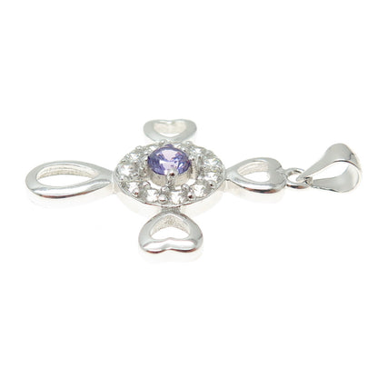 925 Sterling Silver Round-Cut Purple & White C Z Heart Cross Pendant
