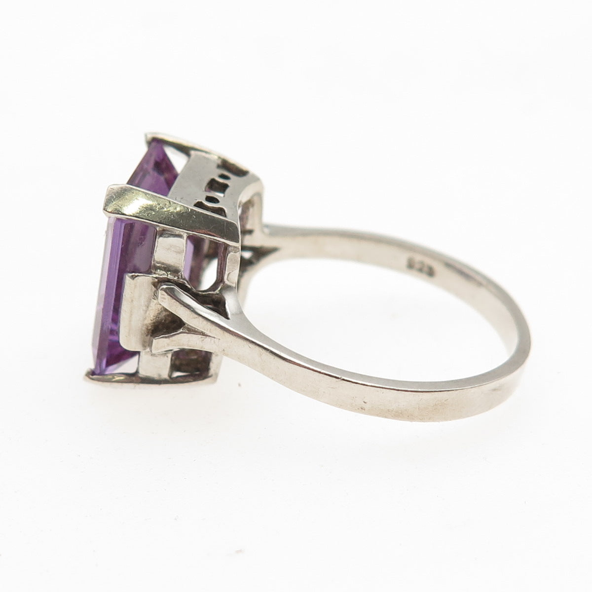 925 Sterling Silver Vintage Emerald-Cut Lab-Created Peacock Sapphire Ring Size 9