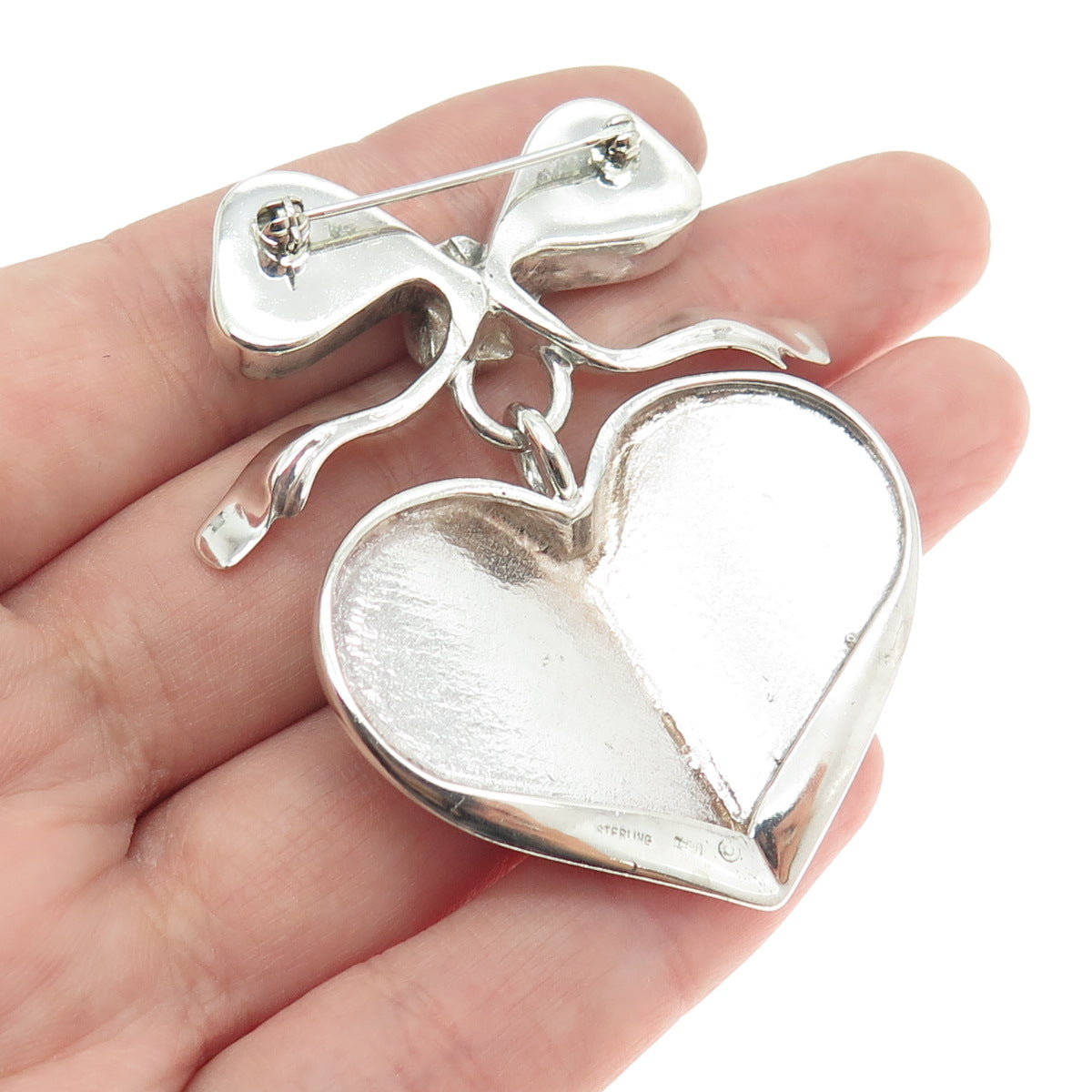 925 Sterling Silver Vintage Real White & Black Onyx Gem Bow Dangle Heart Brooch