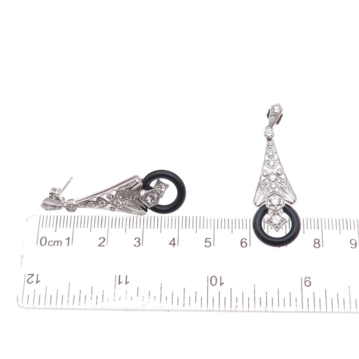 925 Sterling Silver Real Black Onyx & Round-Cut C Z Dangle Earrings