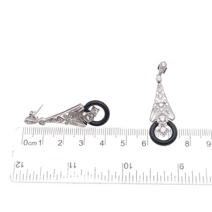 925 Sterling Silver Real Black Onyx & Round-Cut C Z Dangle Earrings