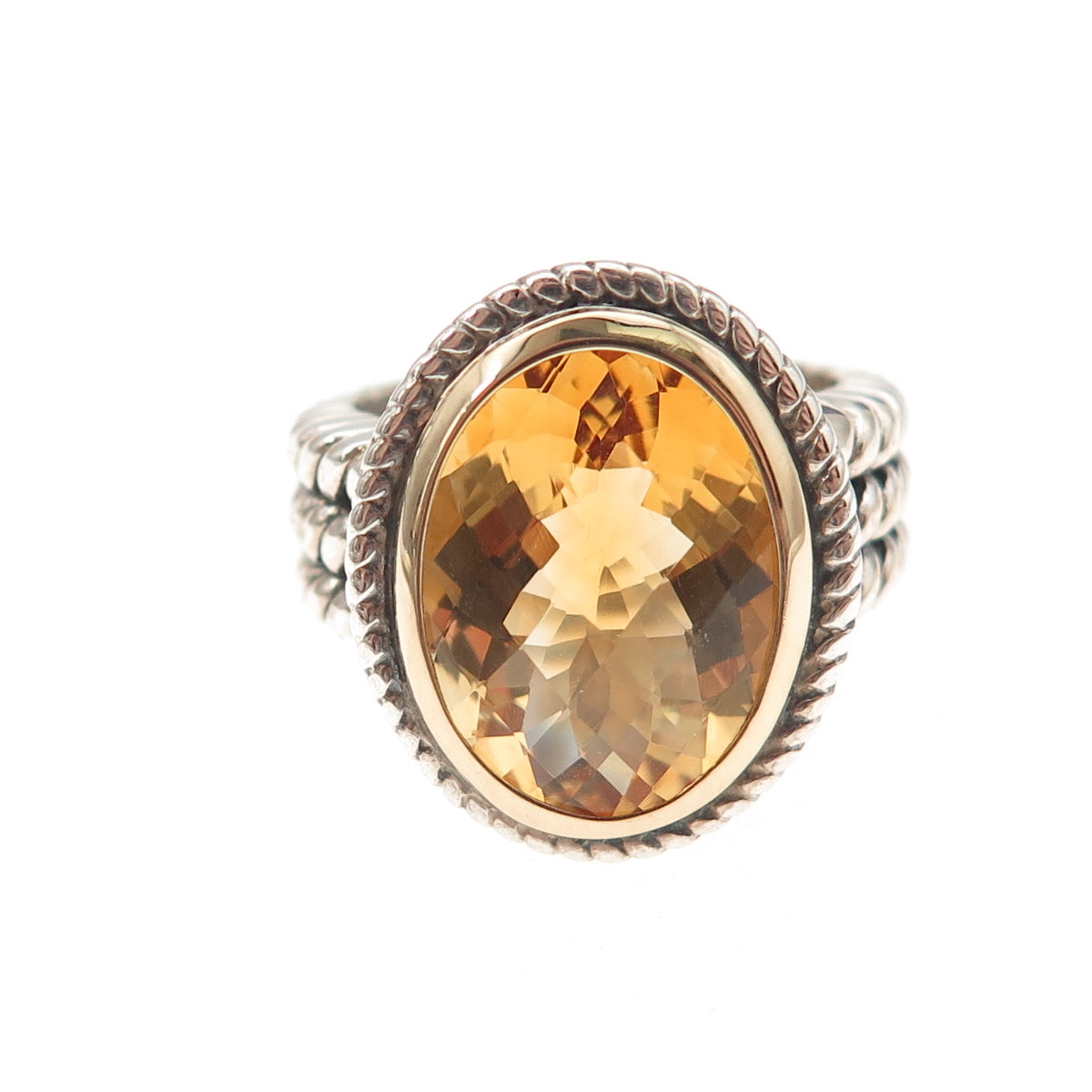 925 Sterling Silver 14K Gold Vintage Real Citrine Modernist Oxidized Ring Size 7