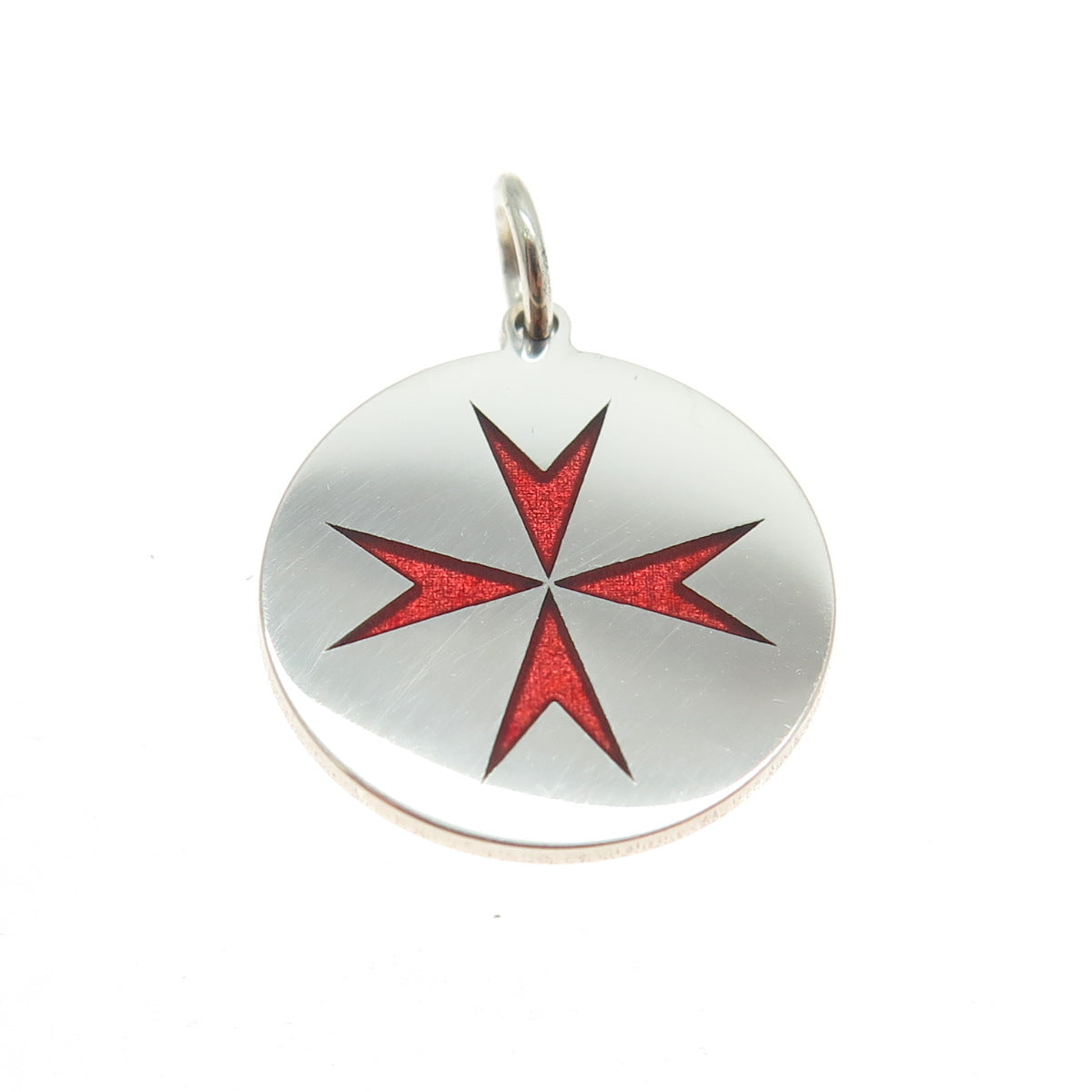 925 Sterling Silver Red Enamel Maltese Cross Round Tag Minimalist Charm Pendant