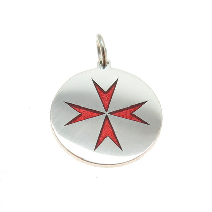 925 Sterling Silver Red Enamel Maltese Cross Round Tag Minimalist Charm Pendant