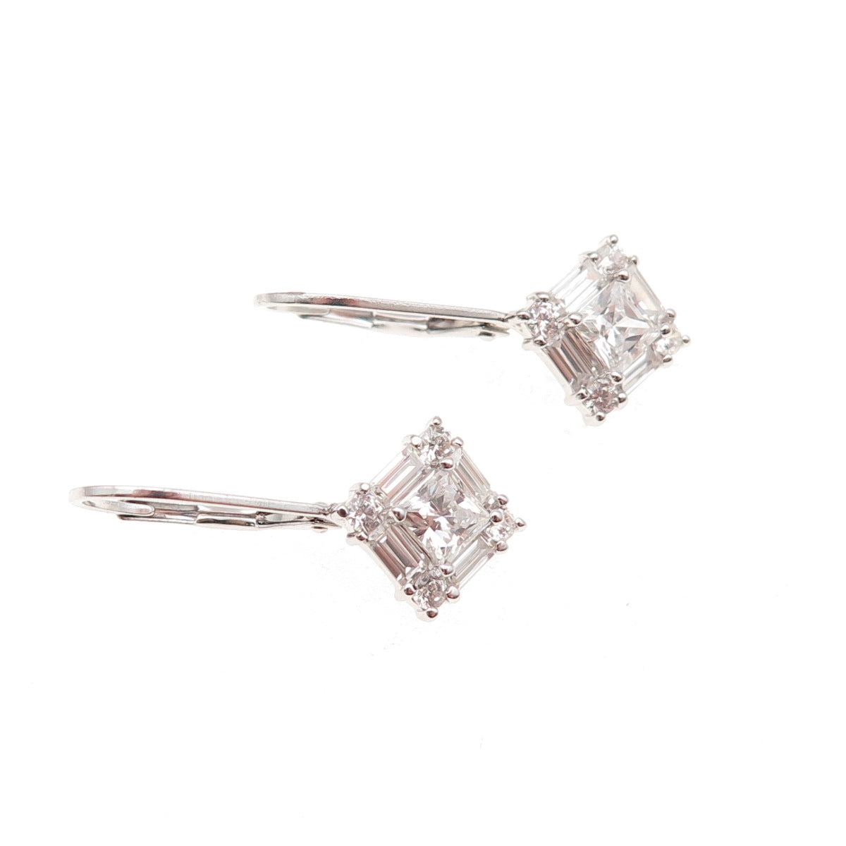 925 Sterling Silver Princess Emerald & Round-Cut C Z Earrings