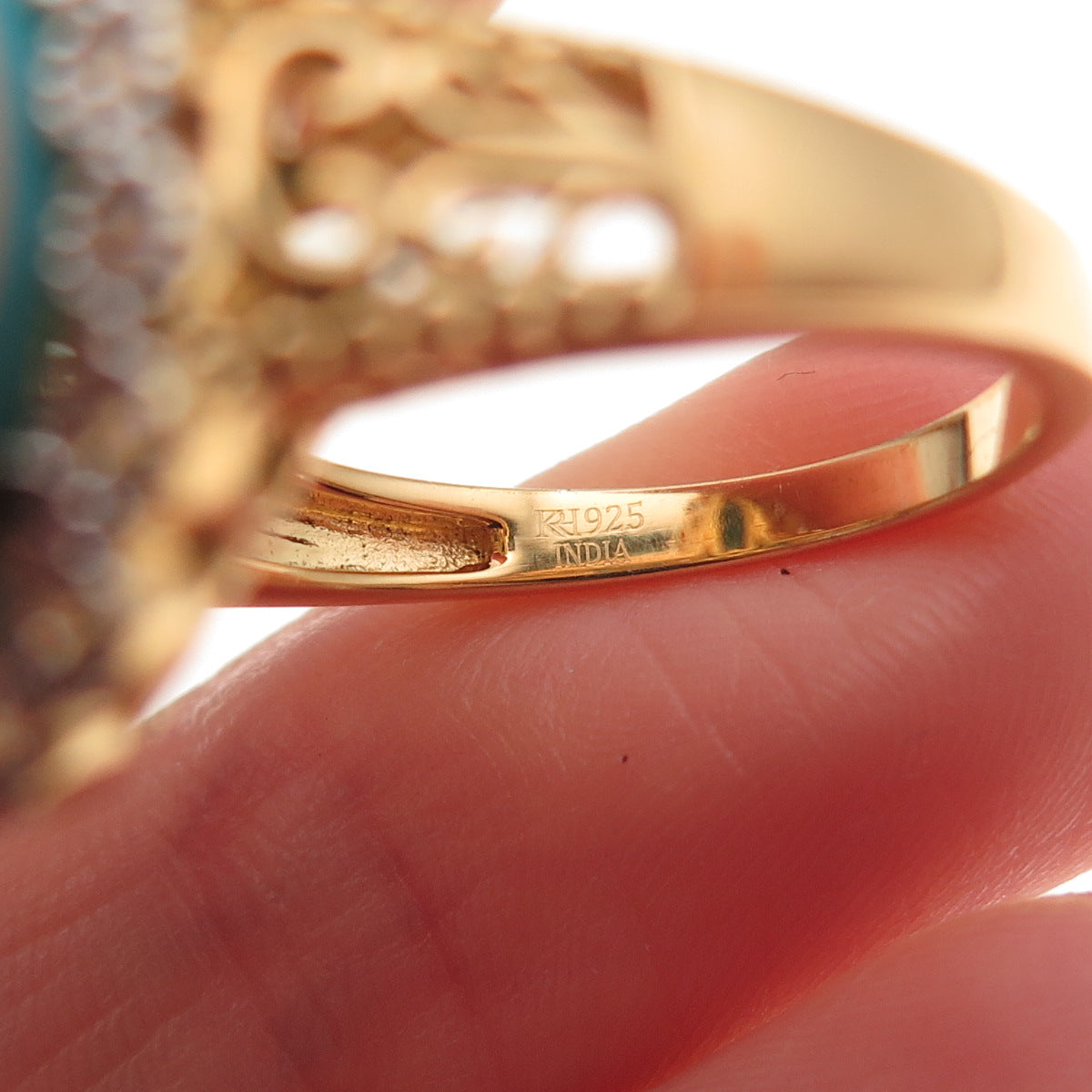 925 Sterling Gold Plated Real Sleeping Beauty Turquoise & Topaz Ring Size 8.25