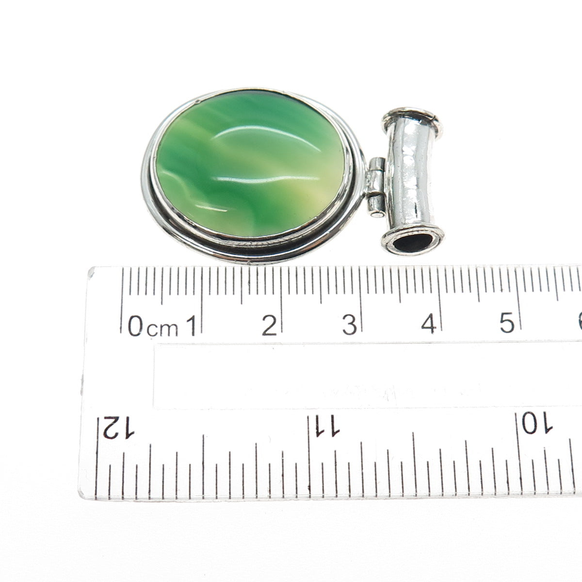 925 Sterling Silver Vintage Real Green Agate Modernist Oxidized Slide Pendant
