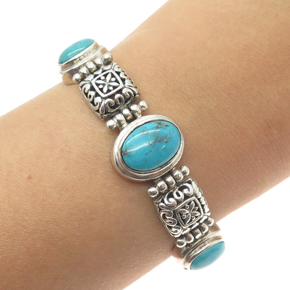 925 Sterling Silver Vintage Real Turquoise Gem Ethnic Wheat Link Bracelet 7.25"