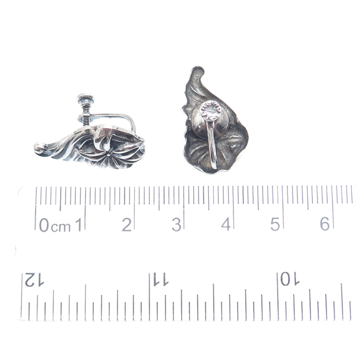 925 Sterling Silver Vintage Flower Repousse Oxidized Screw Back Earrings