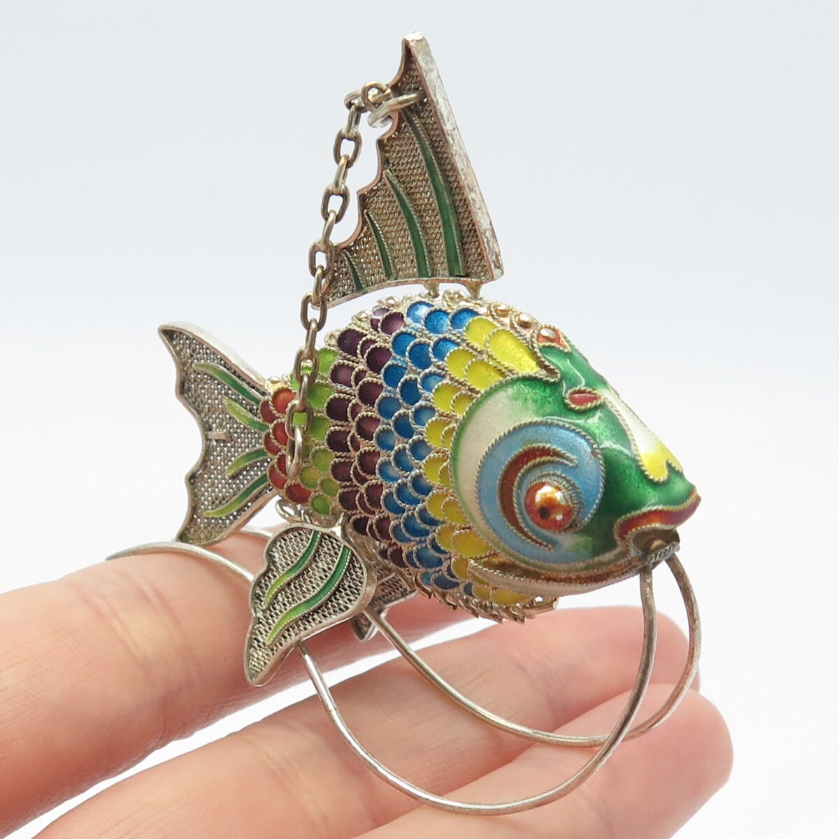 925 Sterling Silver Antique Enamel Articulated Chinese Koi Fish Chatelaine Fob