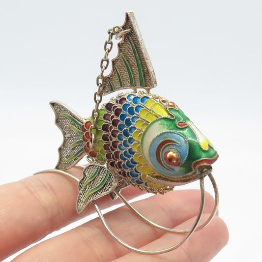 925 Sterling Silver Antique Enamel Articulated Chinese Koi Fish Chatelaine Fob