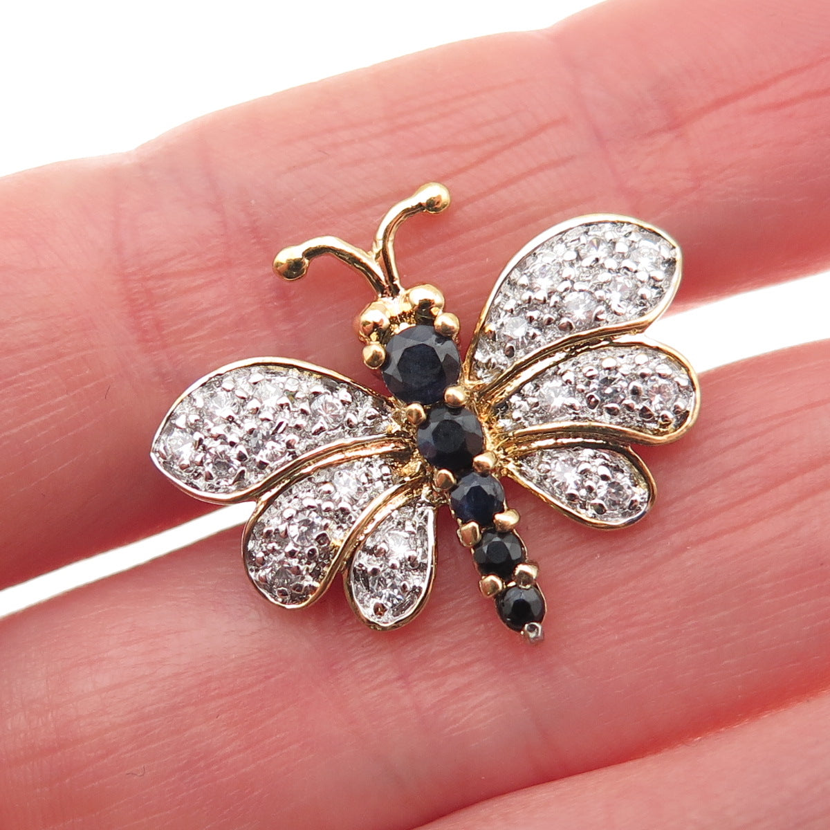 DEE BERKLE 925 Sterling Gold Plated Real Sapphire & C Z Butterfly Pin Brooch
