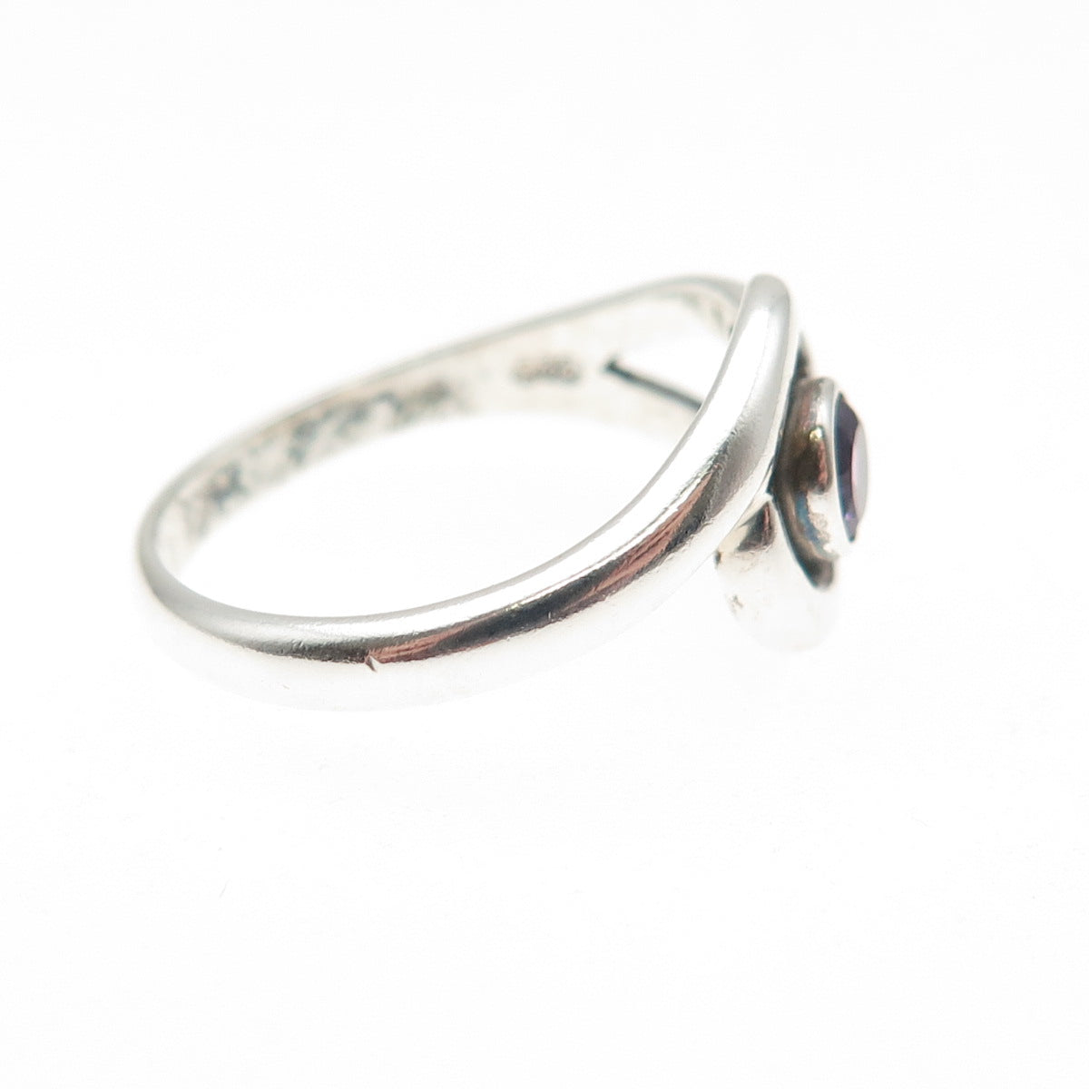925 Sterling Silver Vintage Real Amethyst Modernist Swirl Ring Size 6.75