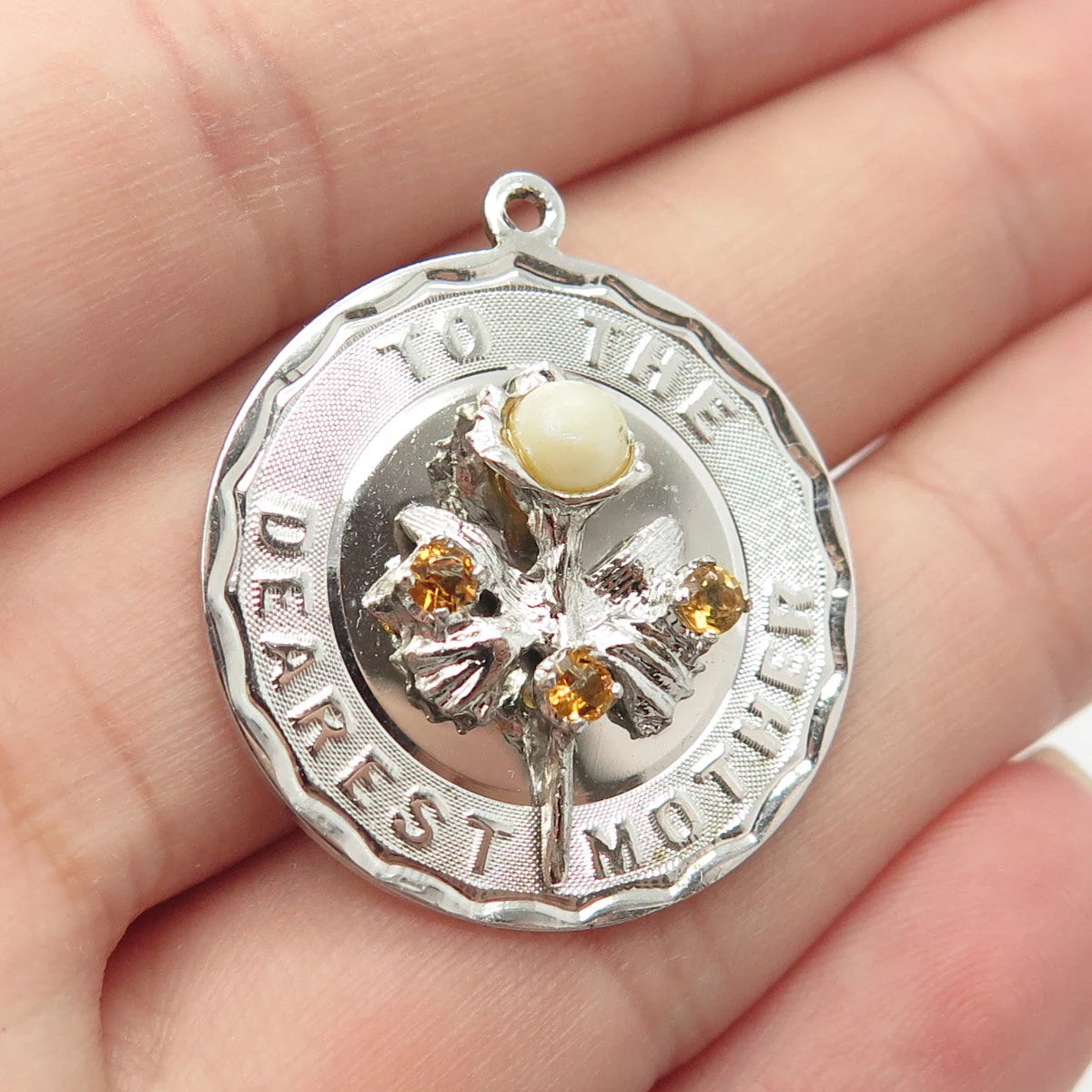925 Sterling Silver Vintage Pearl & Citrine Gem "To The Dearest Mother" Pendant