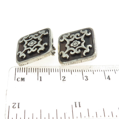 925 Sterling Silver Vintage Wood Floral Ornate Clip On Earrings