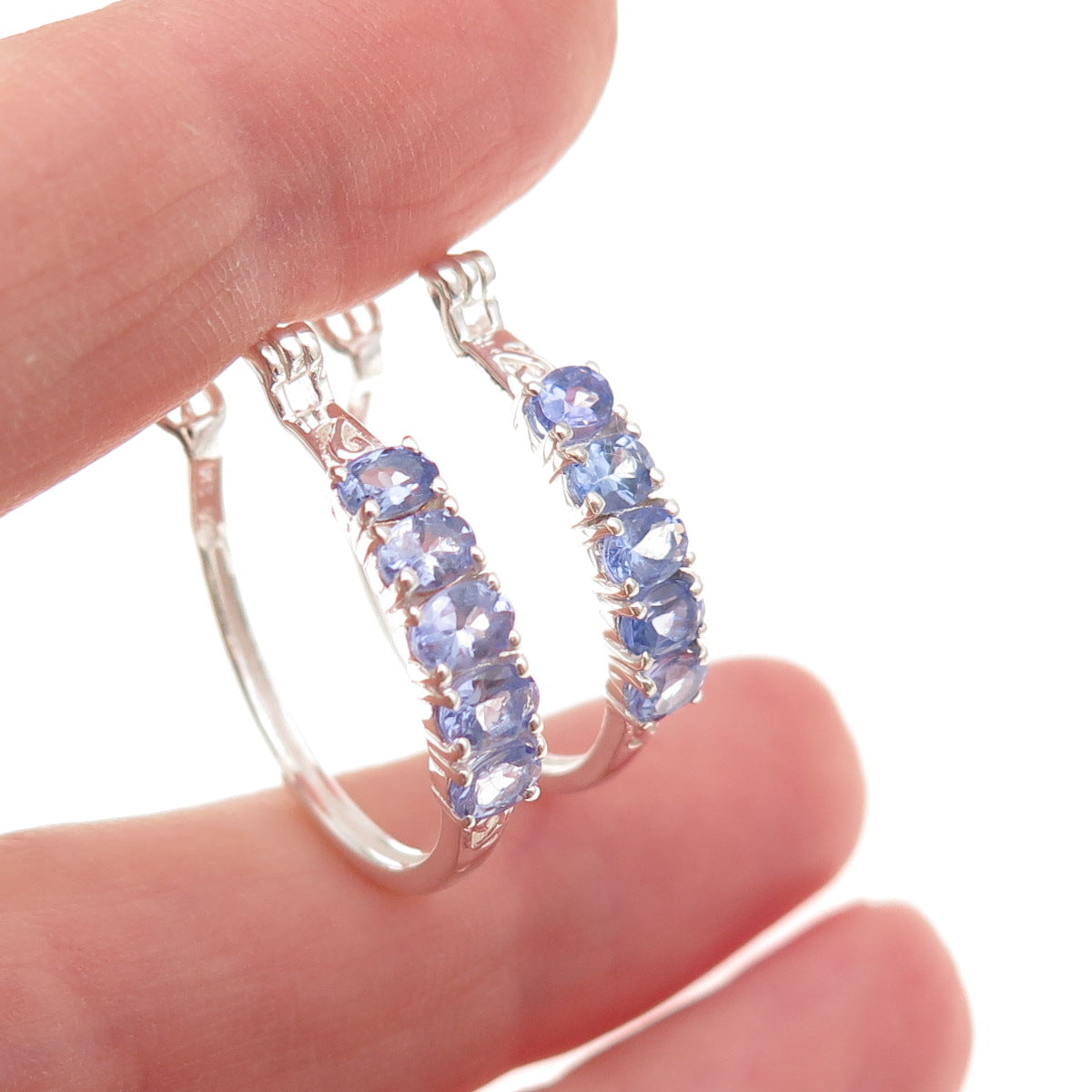Chuck Clemency 925 Sterling Silver Real Oval-Cut Tanzanite Hoop Earrings