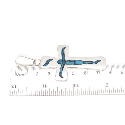 925 Sterling Silver Vintage Mexico Real Turquoise Inlay Crucifix Cross Pendant