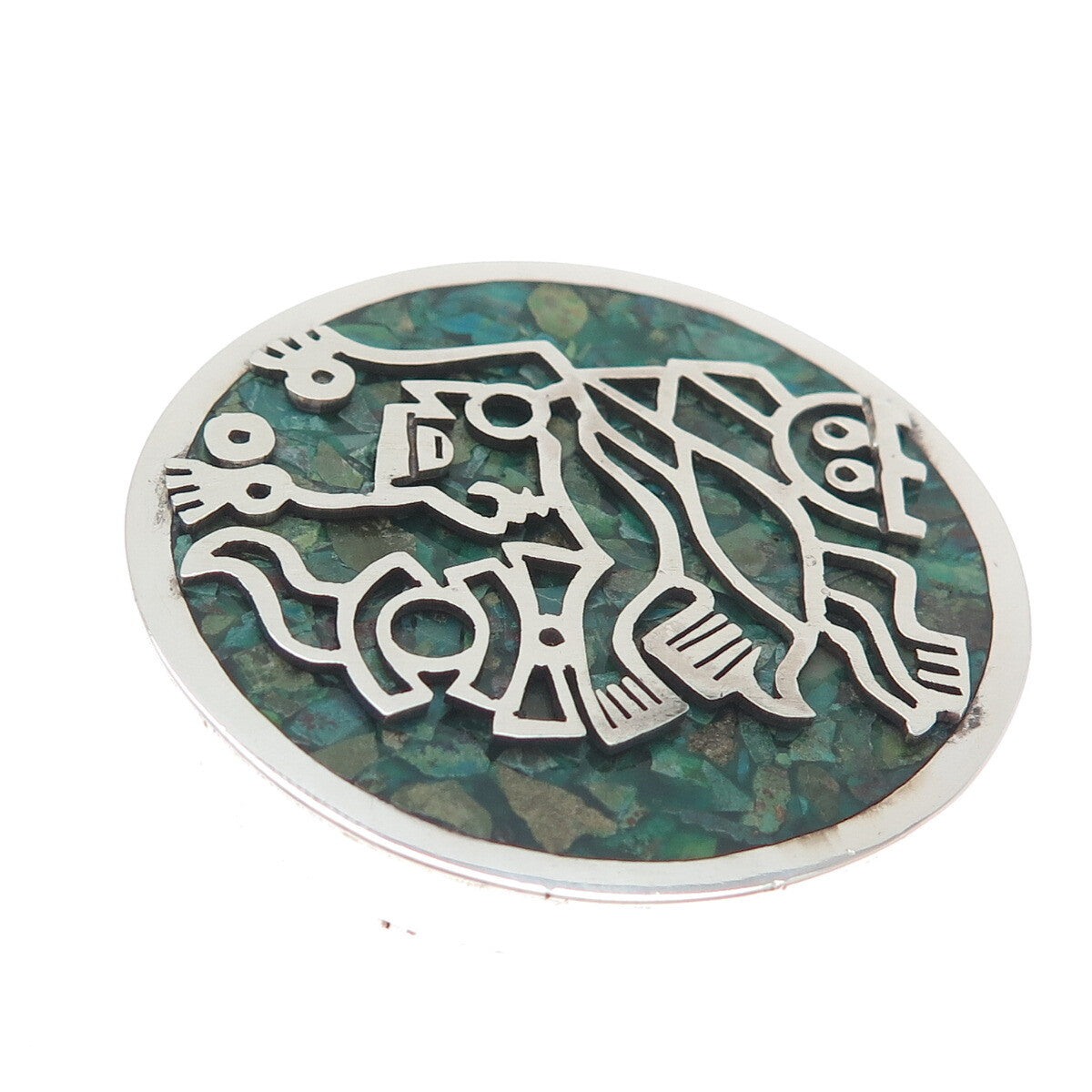 925 Sterling Silver Vintage Real Azurite Inlay Mayan Warrior Pin Pendant