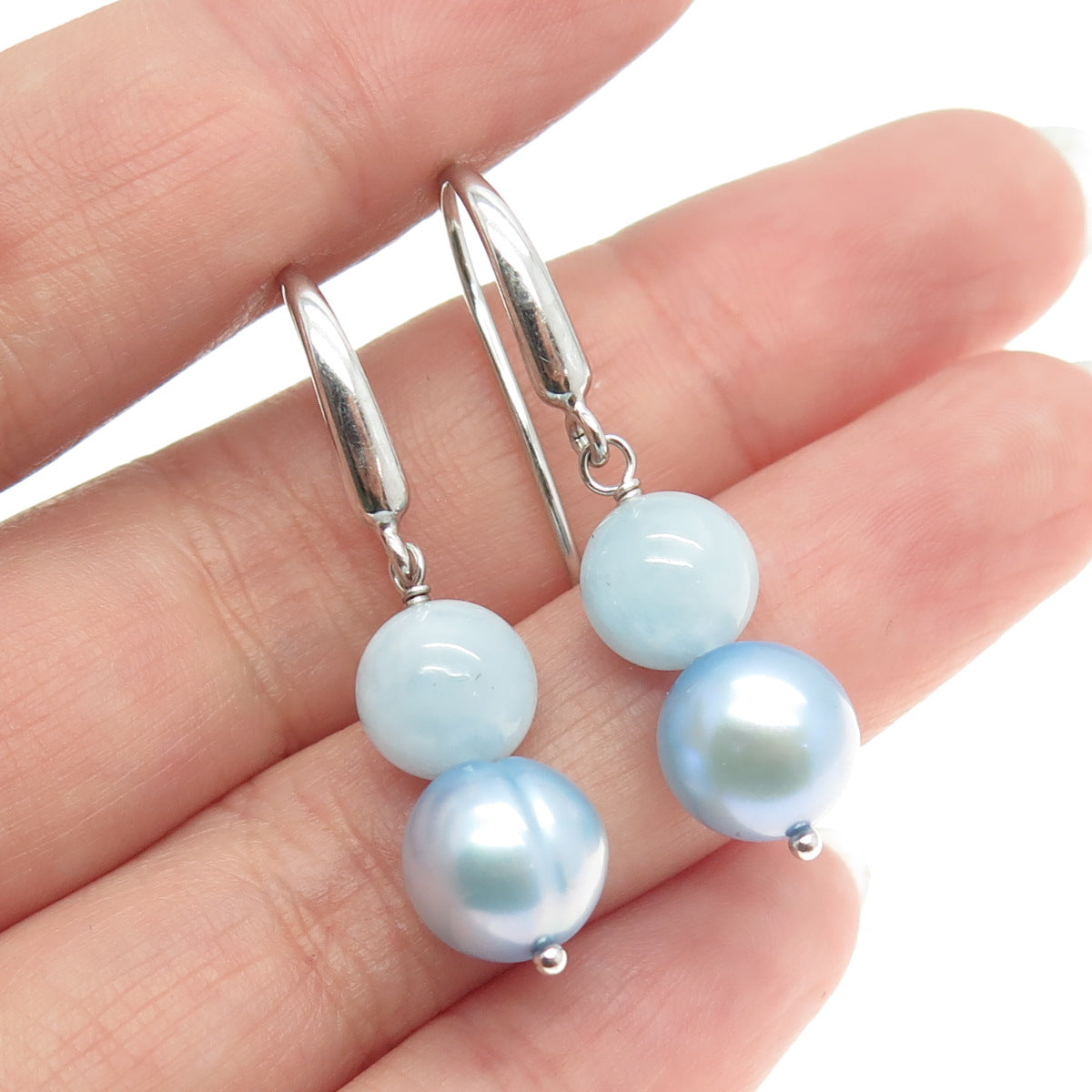 HAROLD TRUJILLO 925 Sterling Silver Real Pearl & Milky Aquamarine Earrings