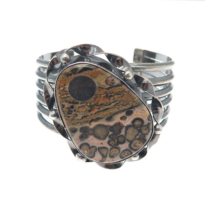 925 Sterling Silver Vintage Mexico Jasper Heavy 117.0g Adjustable Bracelet 6.5"