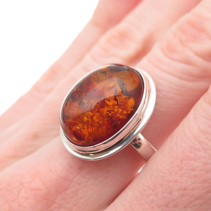 925 Sterling Silver Vintage Real Amber Modernist Ring Size 7.5