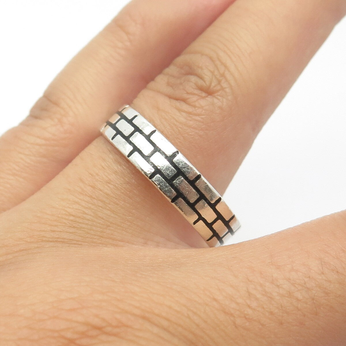925 Sterling Silver Vintage Mexico Brick Wall Band Ring Size 13.25