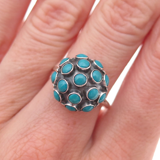 925 Sterling Silver Vintage Mexico Real Turquoise Beaded Dome Ring Size 7.25