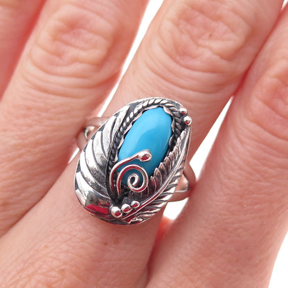 Old Pawn Sterling Silver Vintage Sleeping Beauty Turquoise Feather Ring Size 8.5