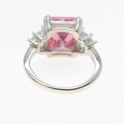 925 Sterling Vintage Emerald & Tapered Baguette-Cut Pink White C Z Ring Size 5.5