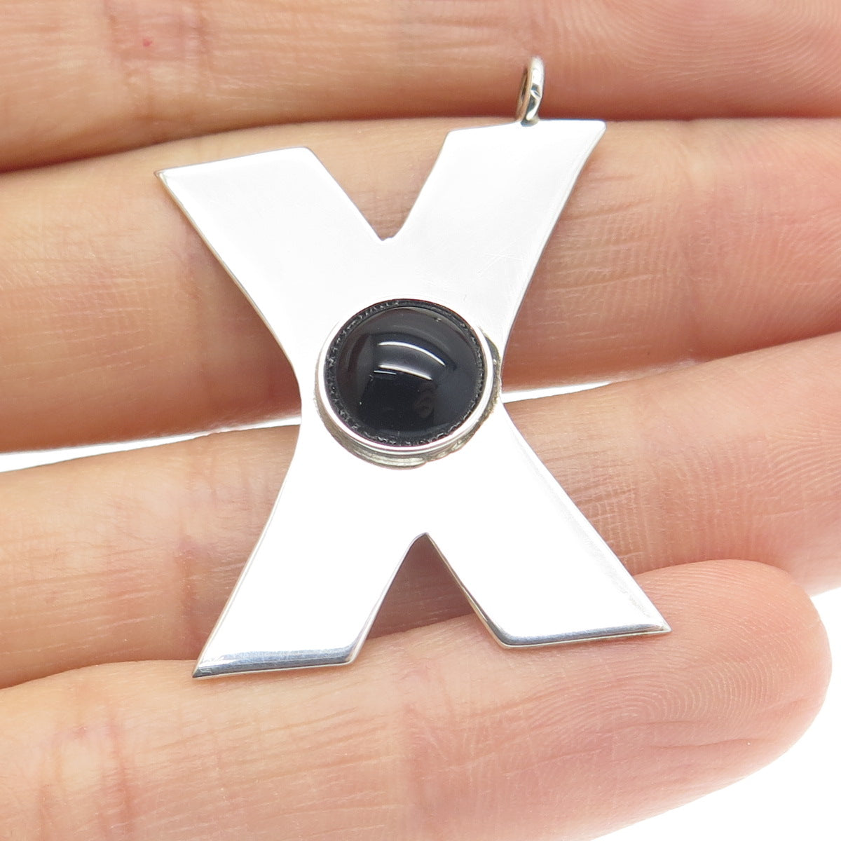 925 Sterling Silver Vintage Mexico Real Black Onyx Letter "X" Modernist Pendant