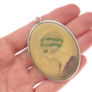 925 Sterling Silver Antique Art Deco Dutch Female Portrait Hand-Painted Pendant
